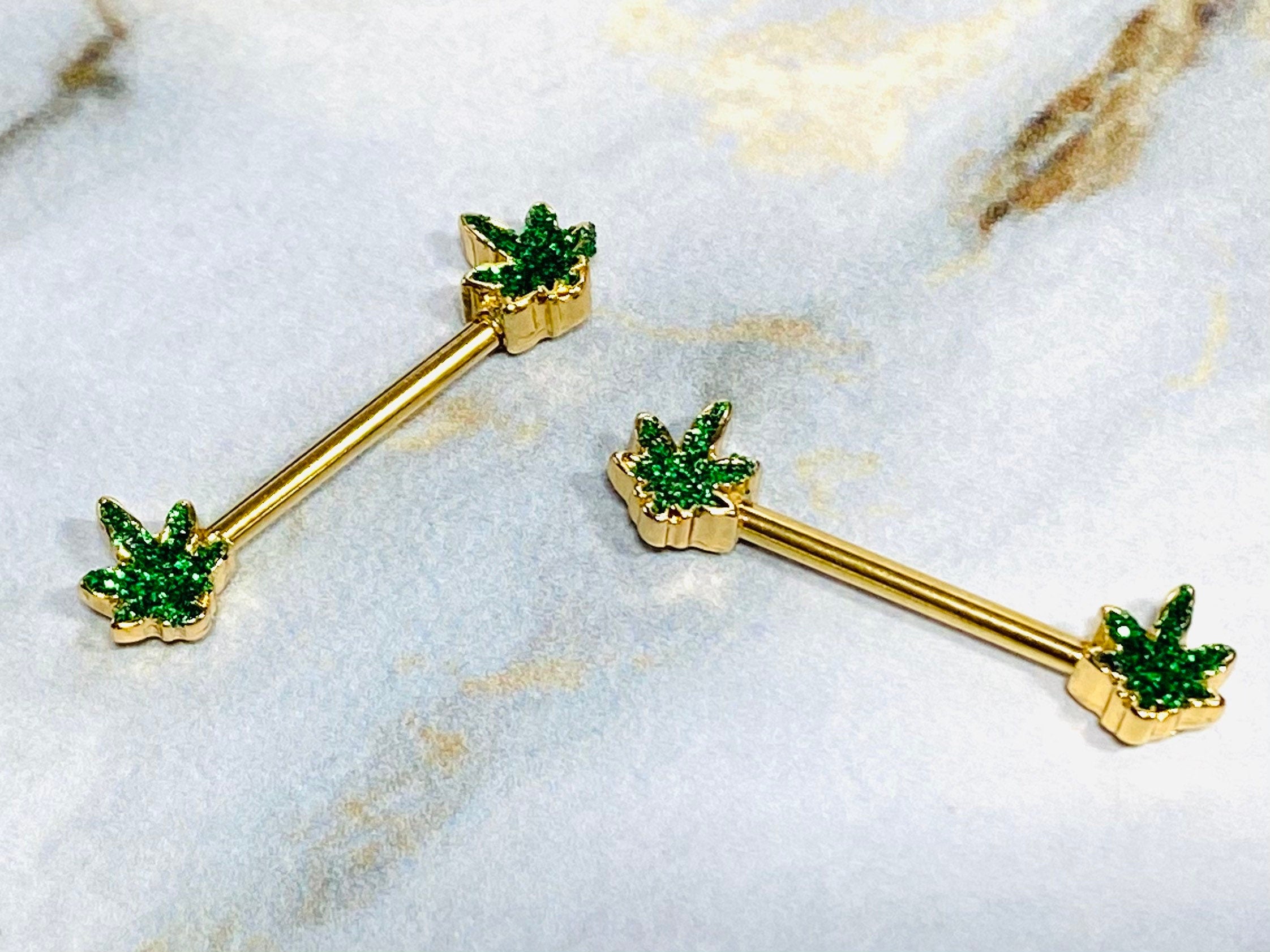 A Set of Gold Marijuana Leaf Cannabis Pot Leaf Nipple Barbell. Nipple Rings. Nipple Jewelry. Nipple Piercing