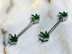 A Set of Silver Marijuana Leaf Cannabis Pot Leaf Nipple Barbell. Nipple Rings. Nipple Jewelry. Nipple Piercing