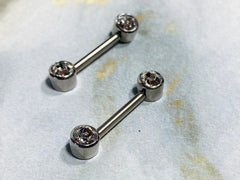 Pair of 14G Silver Push-In Threadless Bezel Set Flat Back Clear Stone Nipple Barbells. Nipple Rings. Nipple Piercing. Nipple Jewelry