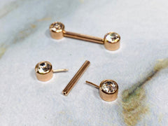 Pair of 14G Rose Gold Push-In Threadless Bezel Set Flat Back Clear Stone Nipple Barbells. Nipple Rings. Nipple Piercing. Nipple Jewelry