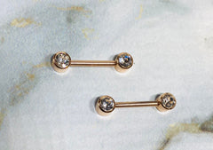 Pair of 14G Rose Gold Push-In Threadless Bezel Set Flat Back Clear Stone Nipple Barbells. Nipple Rings. Nipple Piercing. Nipple Jewelry