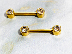 Pair of 14G Gold Push-In Threadless Bezel Set Flat Back Clear Stone Nipple Barbells. Nipple Rings. Nipple Piercing. Nipple Jewelry