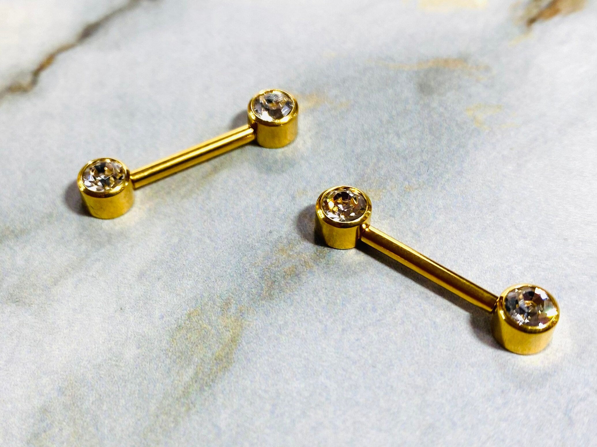 Pair of 14G Gold Push-In Threadless Bezel Set Flat Back Clear Stone Nipple Barbells. Nipple Rings. Nipple Piercing. Nipple Jewelry