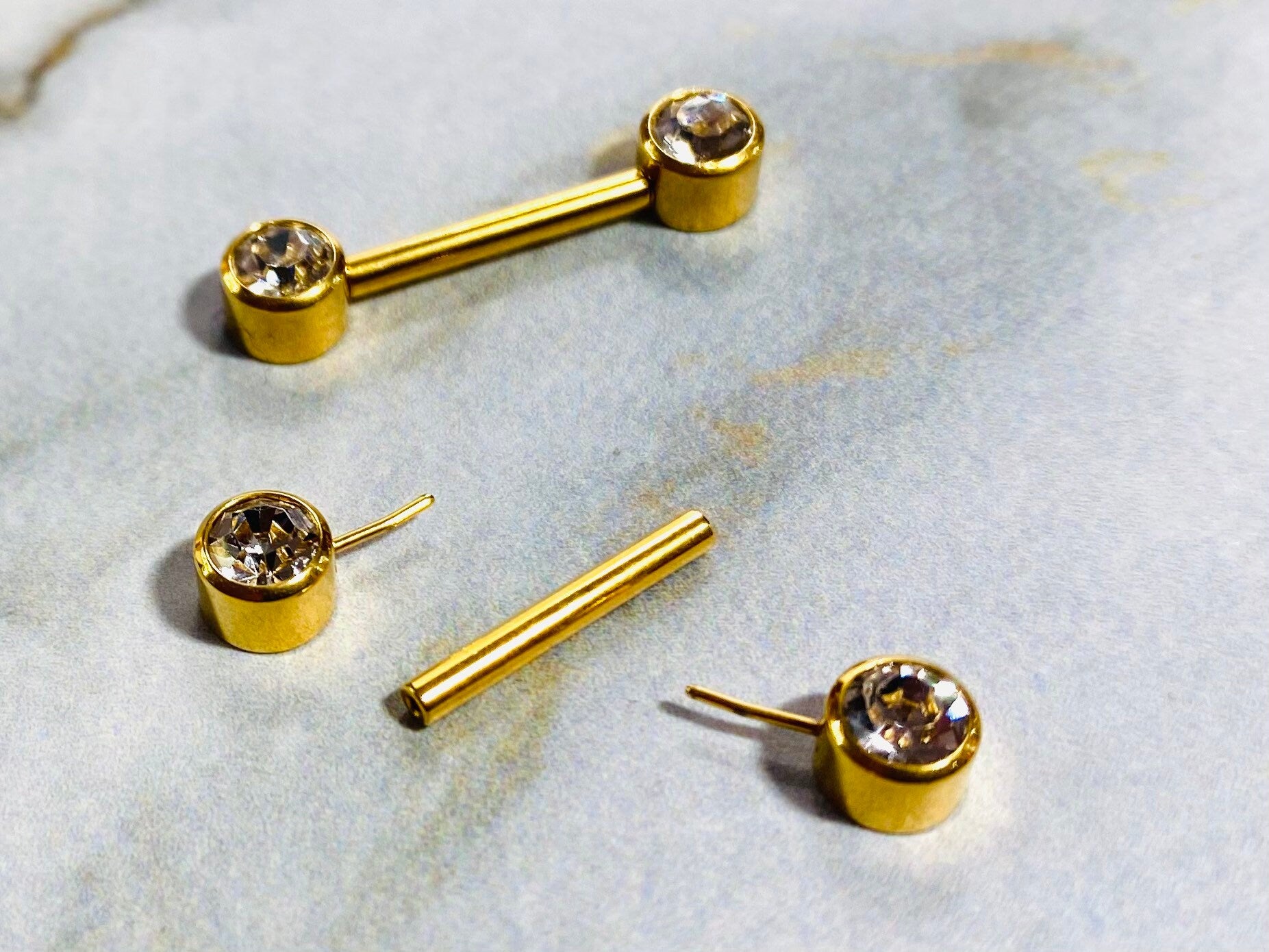 Pair of 14G Gold Push-In Threadless Bezel Set Flat Back Clear Stone Nipple Barbells. Nipple Rings. Nipple Piercing. Nipple Jewelry