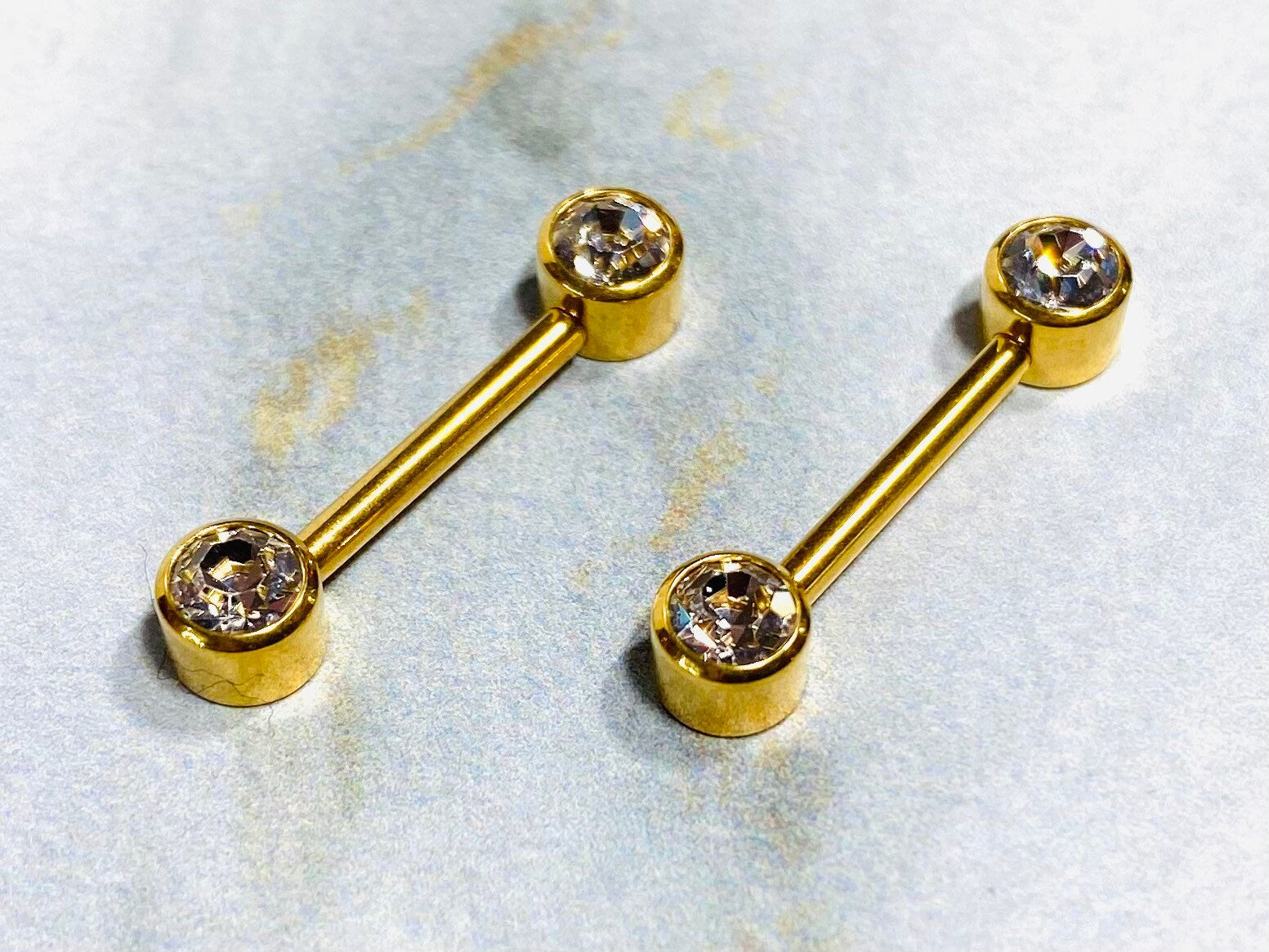 Pair of 14G Gold Push-In Threadless Bezel Set Flat Back Clear Stone Nipple Barbells. Nipple Rings. Nipple Piercing. Nipple Jewelry