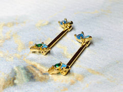 Pair of 14G Gold Butterfly Nipple Barbells. Nipple Piercing. Nipple Rings. Nipple Jewelry.