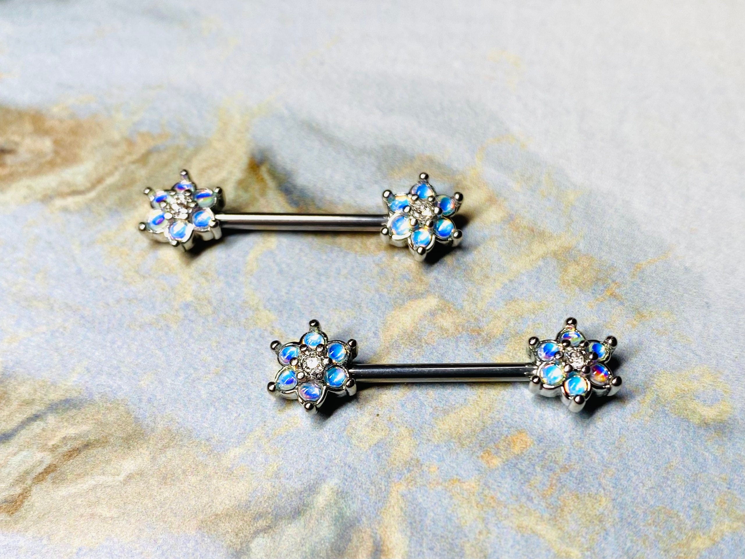 Pair of 14G Silver Illuminating Moonstone Flower Nipple Barbells. Nipple Rings. Nipple Jewelry. Nipple Piercing.