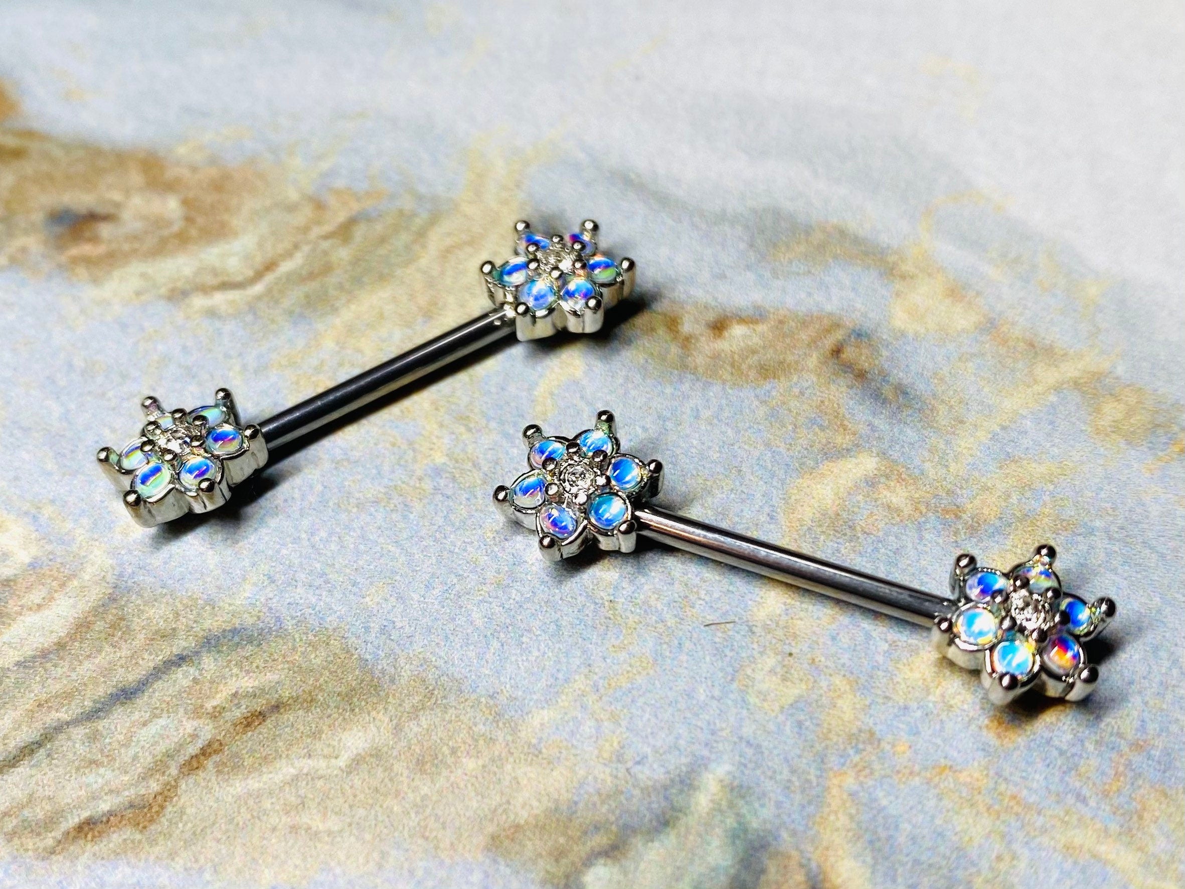 Pair of 14G Silver Illuminating Moonstone Flower Nipple Barbells. Nipple Rings. Nipple Jewelry. Nipple Piercing.