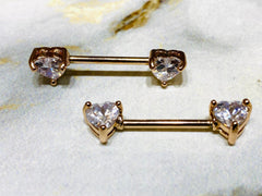 14G Prong Set Rose Gold Heart Shape Nipple Barbells. Nipple Piercings. Nipple Rings. Nipple Jewelry