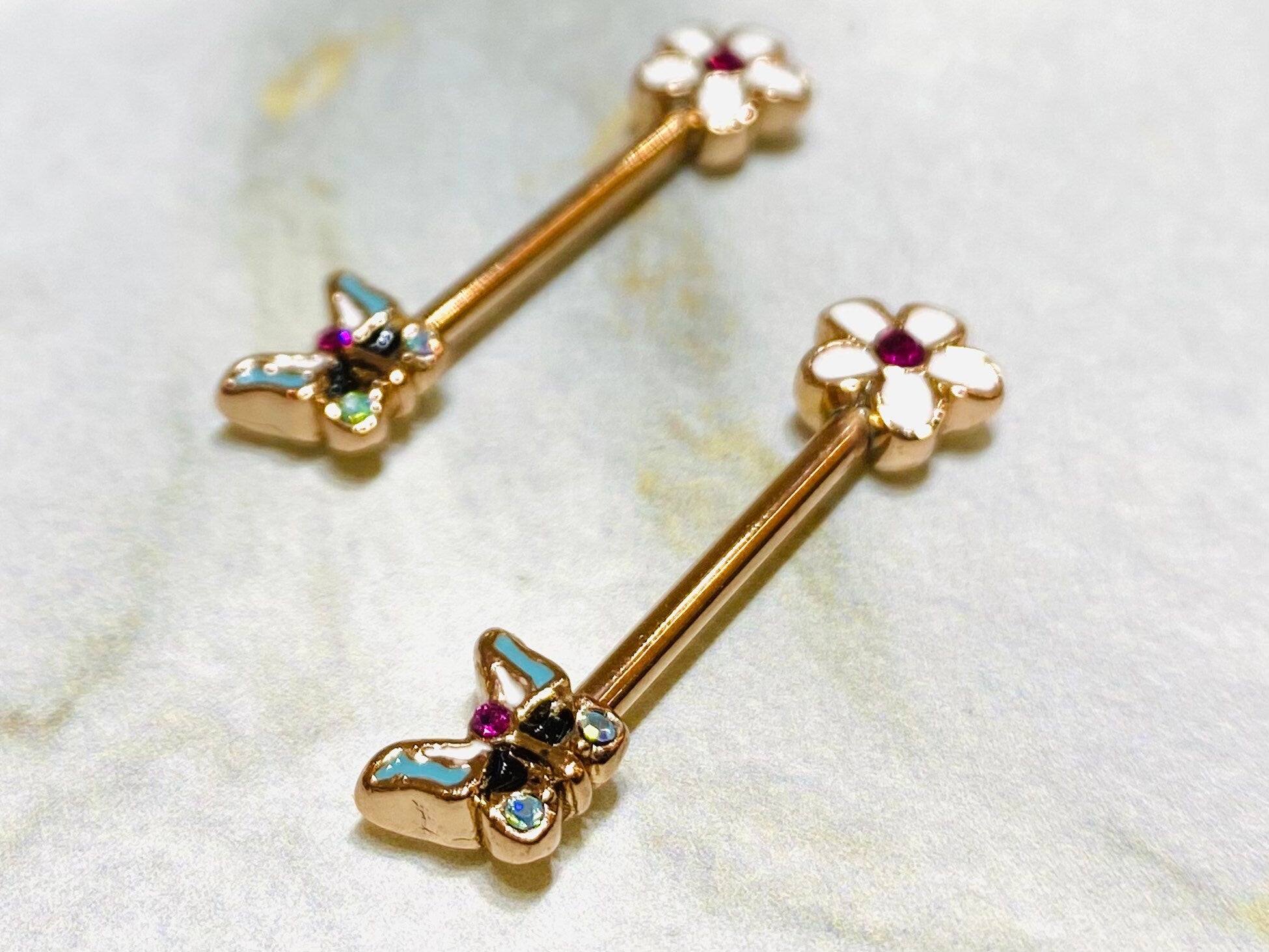 Pair of 14G Rose Gold Spring Flower and Butterfly Nipple Barbells. Nipple Rings. Nipple Jewelry. Nipple Piercing