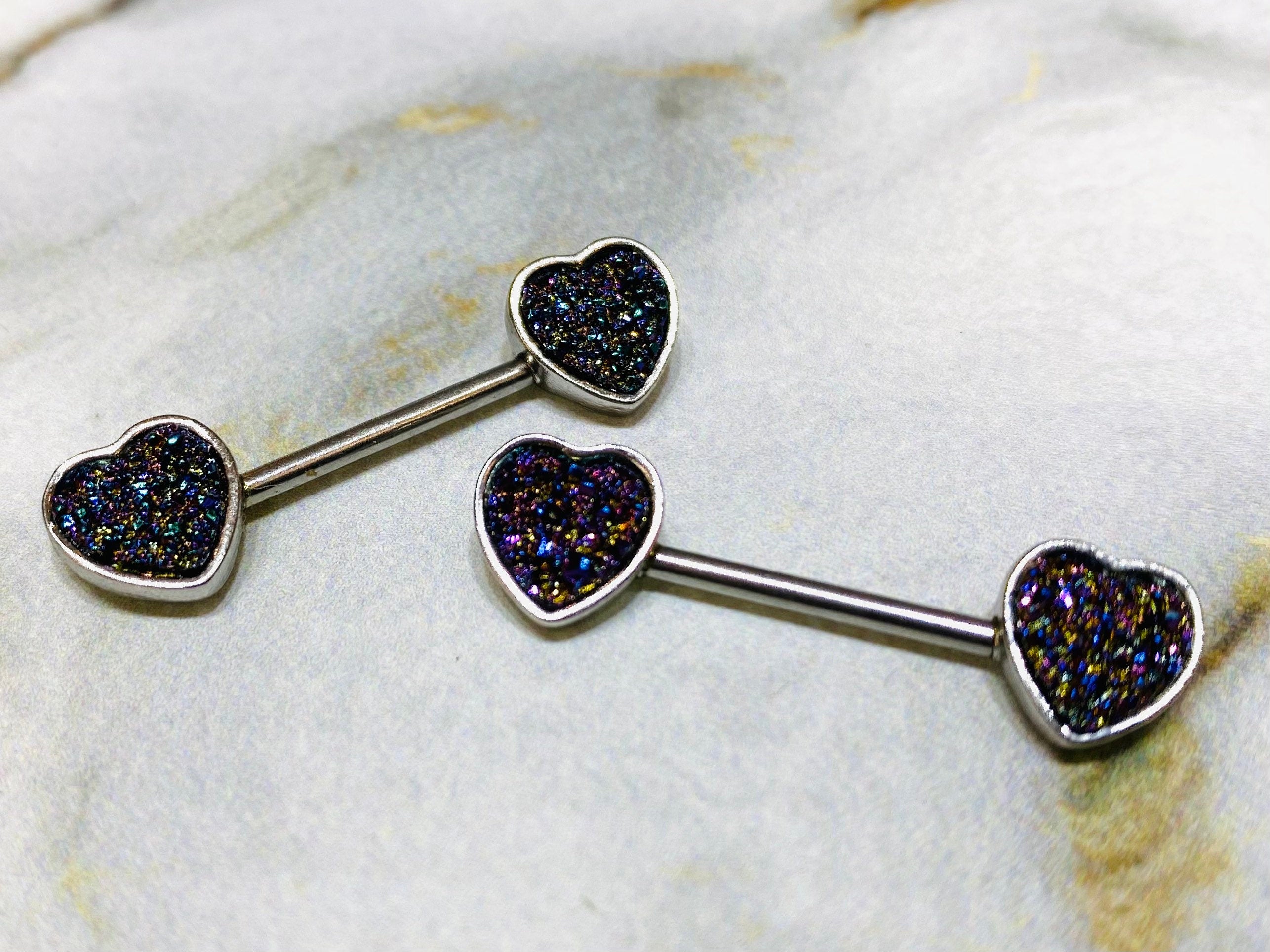 14G Black Druzy Stones Heart Shape Nipple Barbell. Nipple Piercings. Nipple Rings. Nipple Jewelry.