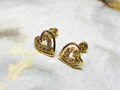 Dainty 14K Real Gold Pink Heart in Heart with Clear Gems Screw Back Earrings. 14K Gold Earrings. Screw Back Earrings.