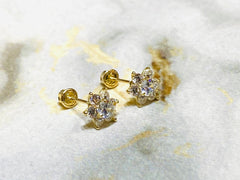 Pair of 14K Real Gold Screw Back Dainty Flower Earrings with Sparkling Crystals. 14K Gold Earrings. Screw Back Earrings.