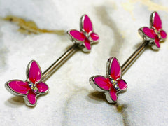 A pair of 14G Pink Butterly Ends Nipple Barbells. Nipple Jewelry. Nipple Piercing. Nipple Rings.