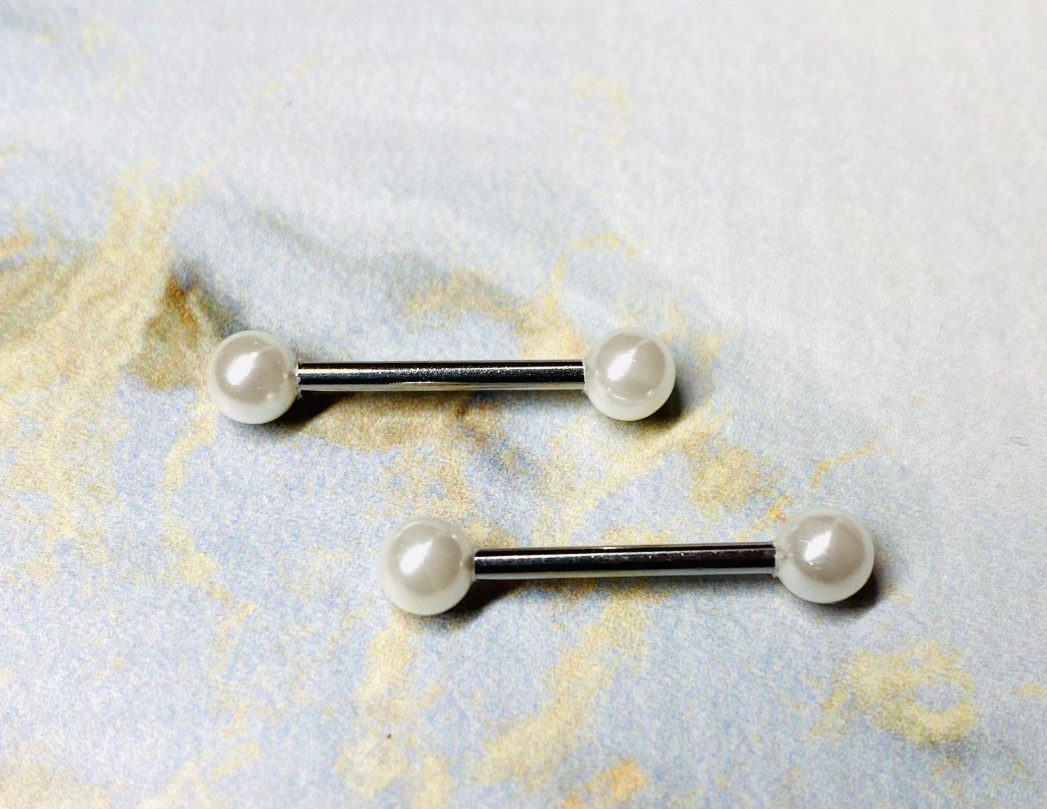 Pair of 14G White Pearls Nipple Barbells. Nipple Piercing. Nipple Jewelry. Nipple Rings