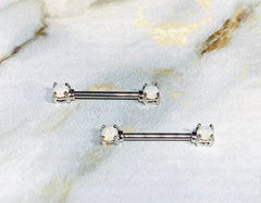 Pair of 14G Silver White Opal Gem Nipple Barbell. Nipple Piercings. Nipple Rings. Nipple Jewelry