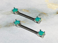 Pair of 14G Silver Pacific Opal Gem Nipple Barbells. Nipple Piercings. Nipple Rings. Nipple Jewelry