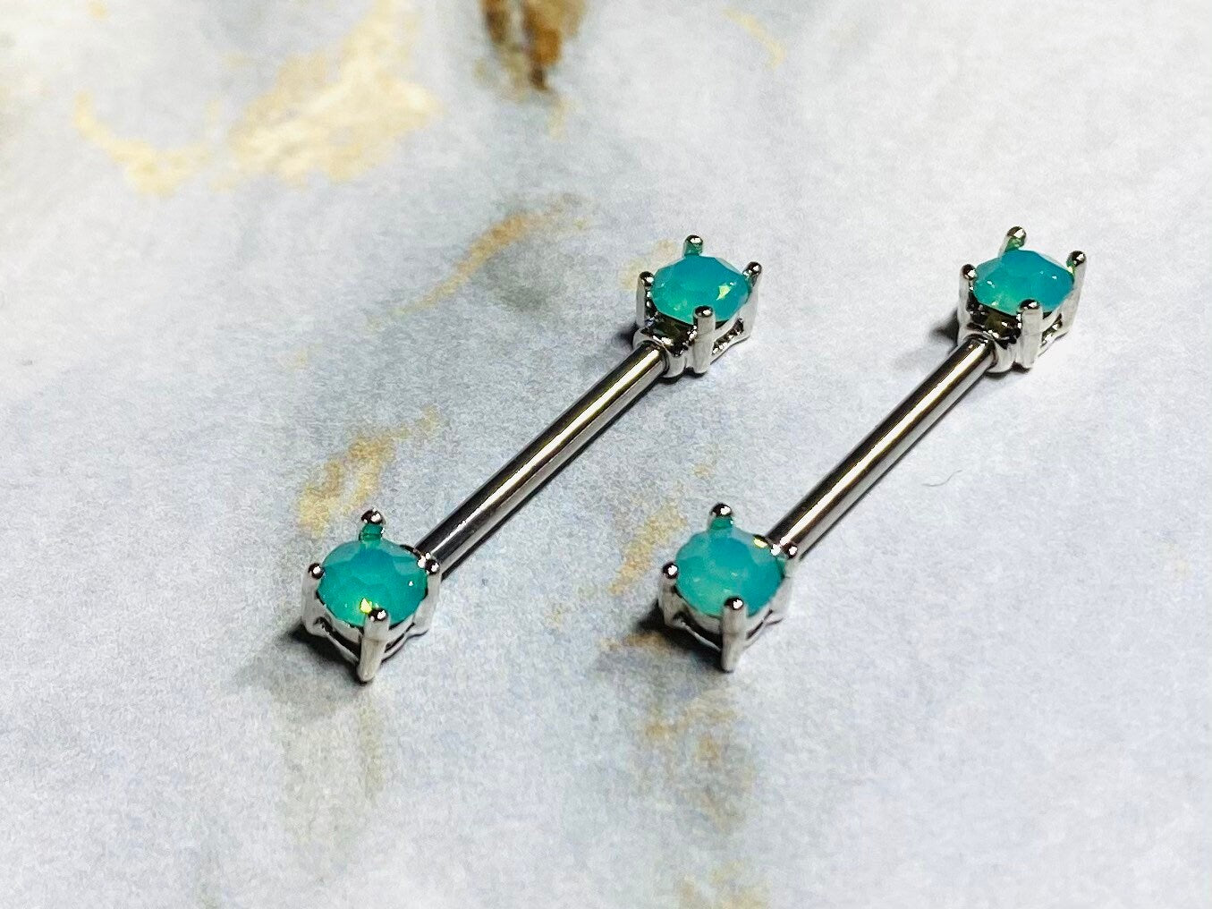 Pair of 14G Silver Pacific Opal Gem Nipple Barbells. Nipple Piercings. Nipple Rings. Nipple Jewelry