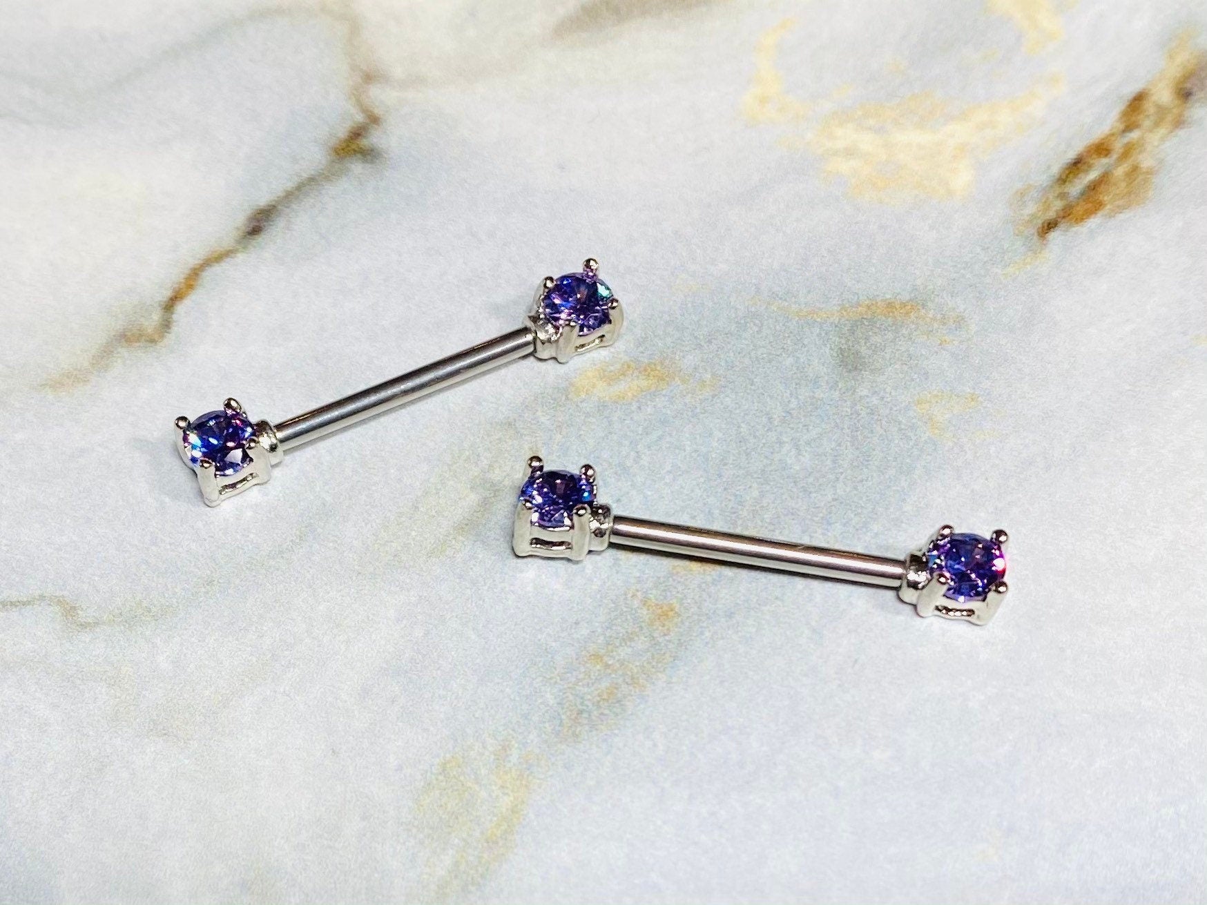 Pair of 14G Silver Tanzanite Gem Nipple Barbells. Nipple Piercings. Nipple Rings. Nipple Jewelry