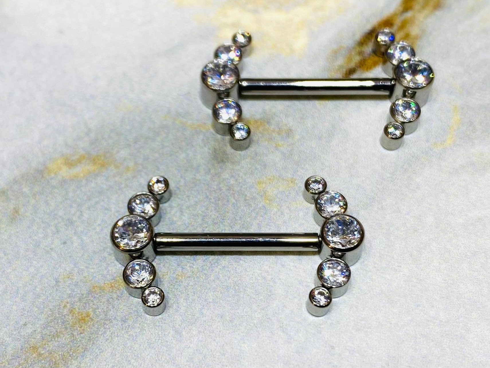 Pair of Implant Grade Titanium Internally Threaded Clear Sparkling Stones Nipple Barbells. Nipple Piercing. Nipple Jewelry.