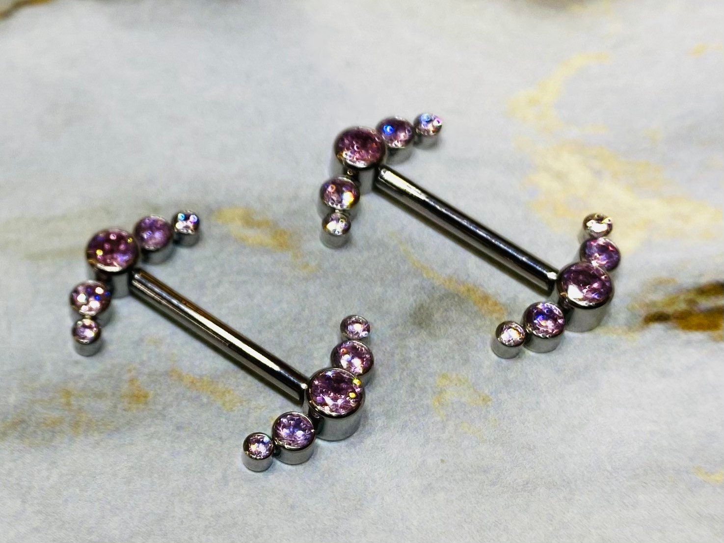 Pair of Implant Grade Titanium Internally Threaded Bezel Setting Pink Sparkling Stones Nipple Barbells. Nipple Piercing. Nipple Jewelry.