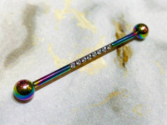 14G Rainbow Industrial Barbell with Sparkling Clear Stones. 38mm Length. Industrial Piercing. Industrial Bar. Ear Piercing. Body Jewelry