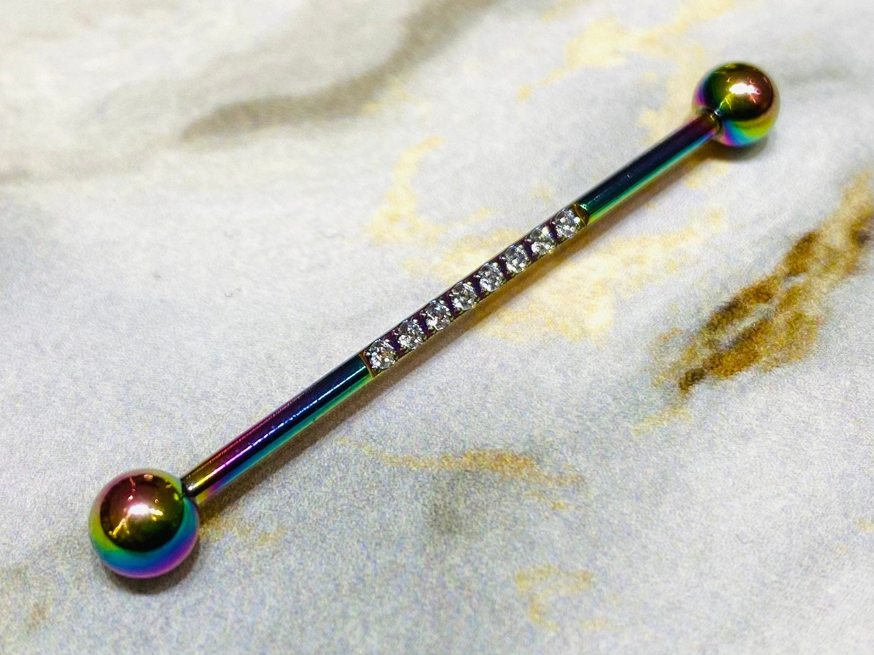 14G Rainbow Industrial Barbell with Sparkling Clear Stones. 38mm Length. Industrial Piercing. Industrial Bar. Ear Piercing. Body Jewelry