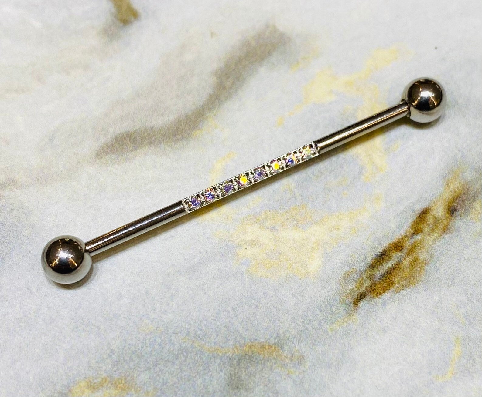 14G Silver Industrial Barbell with Sparkling Multicolor Stones. 38mm Length. Industrial Piercing. Industrial Bar. Ear Piercing. Body Jewelry