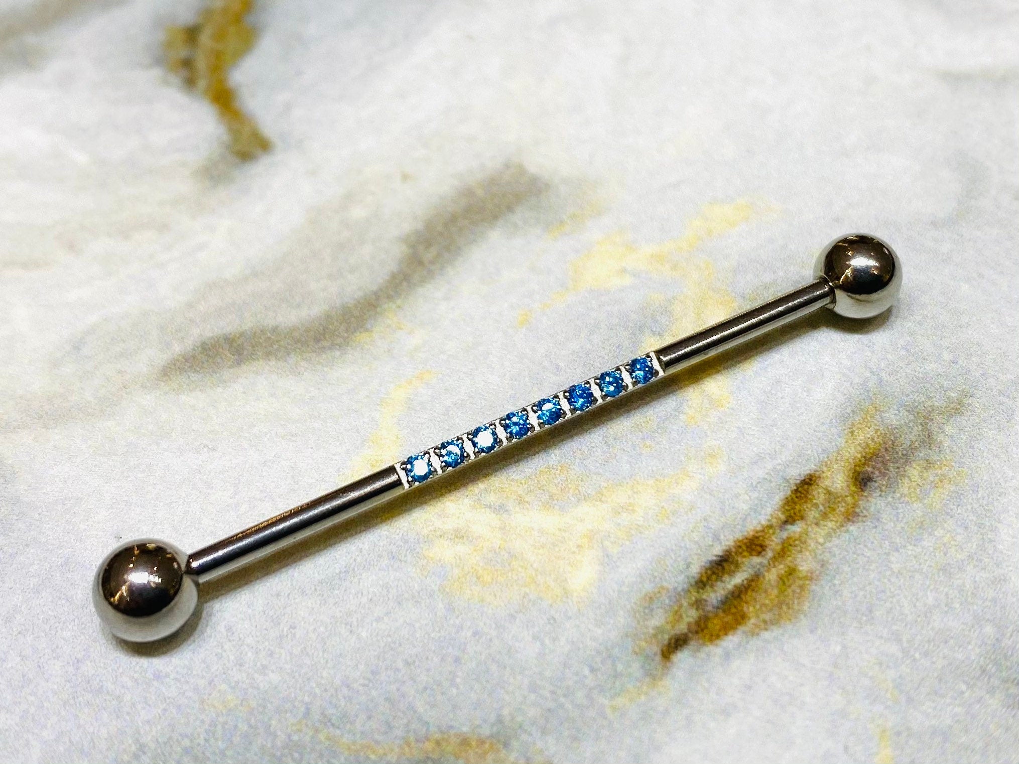 14G Silver Industrial Barbell with Sparkling Blue Stones. 38mm Length. Industrial Piercing. Industrial Bar. Ear Piercing. Body Jewelry