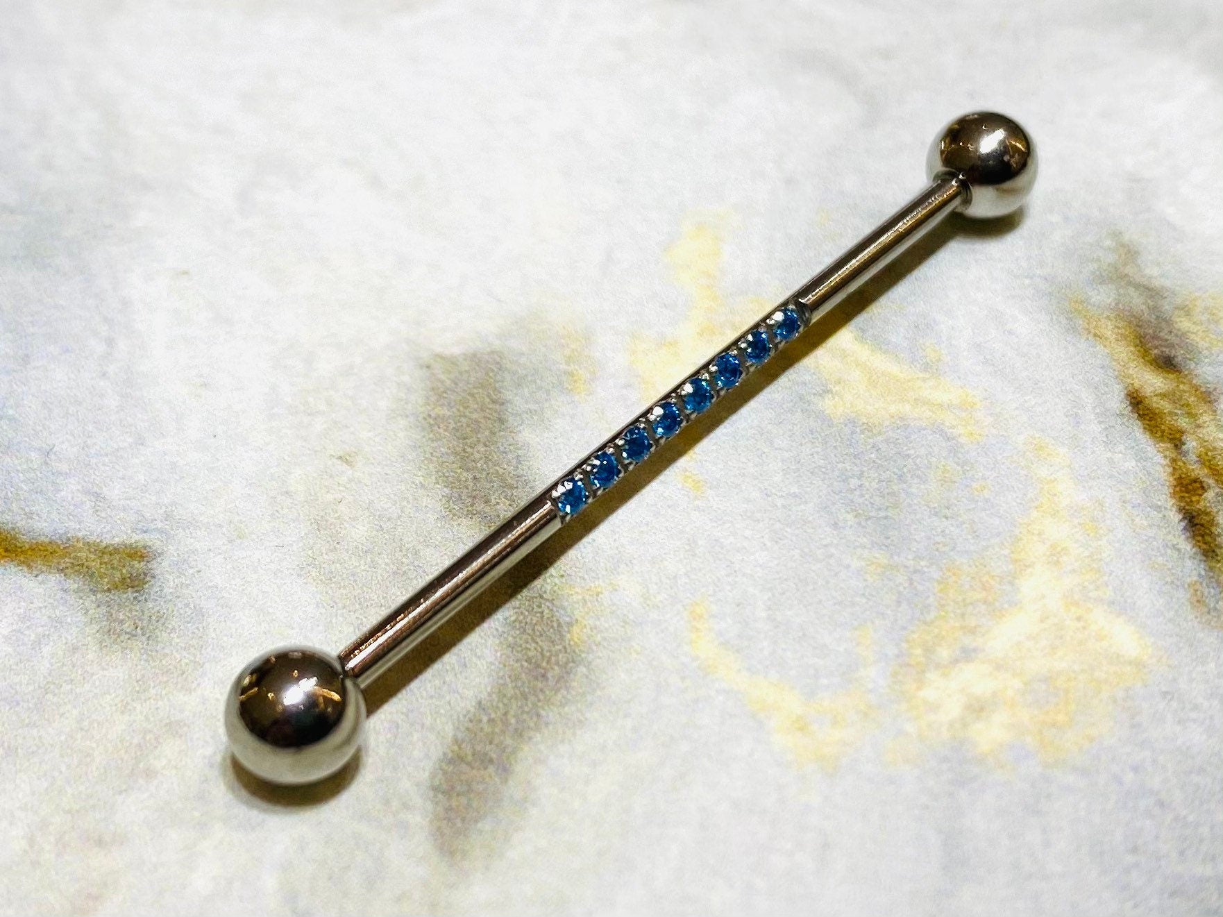 14G Silver Industrial Barbell with Sparkling Blue Stones. 38mm Length. Industrial Piercing. Industrial Bar. Ear Piercing. Body Jewelry