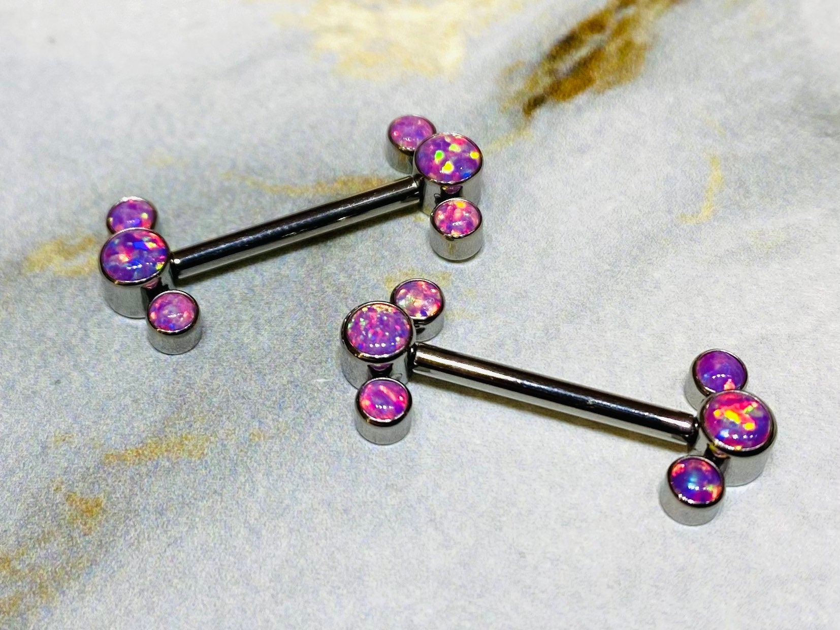 Pair of 14G Implant Grade Titanium Internally Threaded Pink Opal Nipple Barbells. Nipple Piercing. Nipple Jewelry. Nipple Barbells