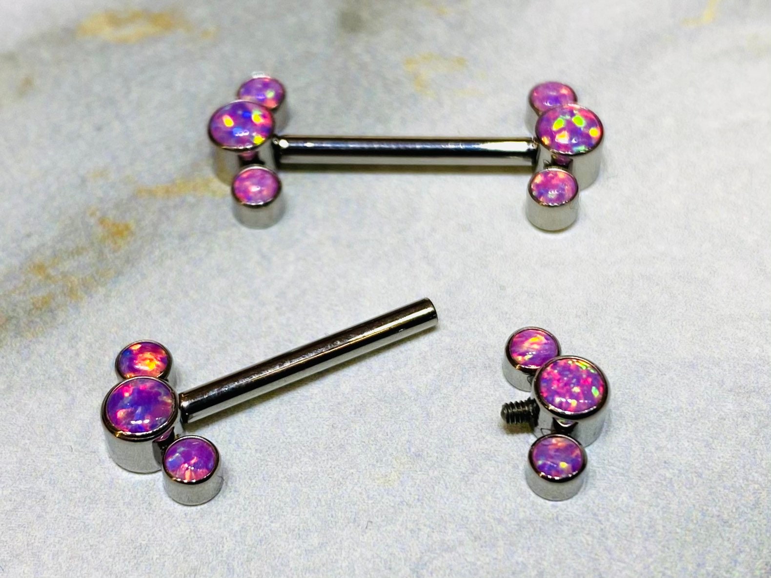 Pair of 14G Implant Grade Titanium Internally Threaded Pink Opal Nipple Barbells. Nipple Piercing. Nipple Jewelry. Nipple Barbells