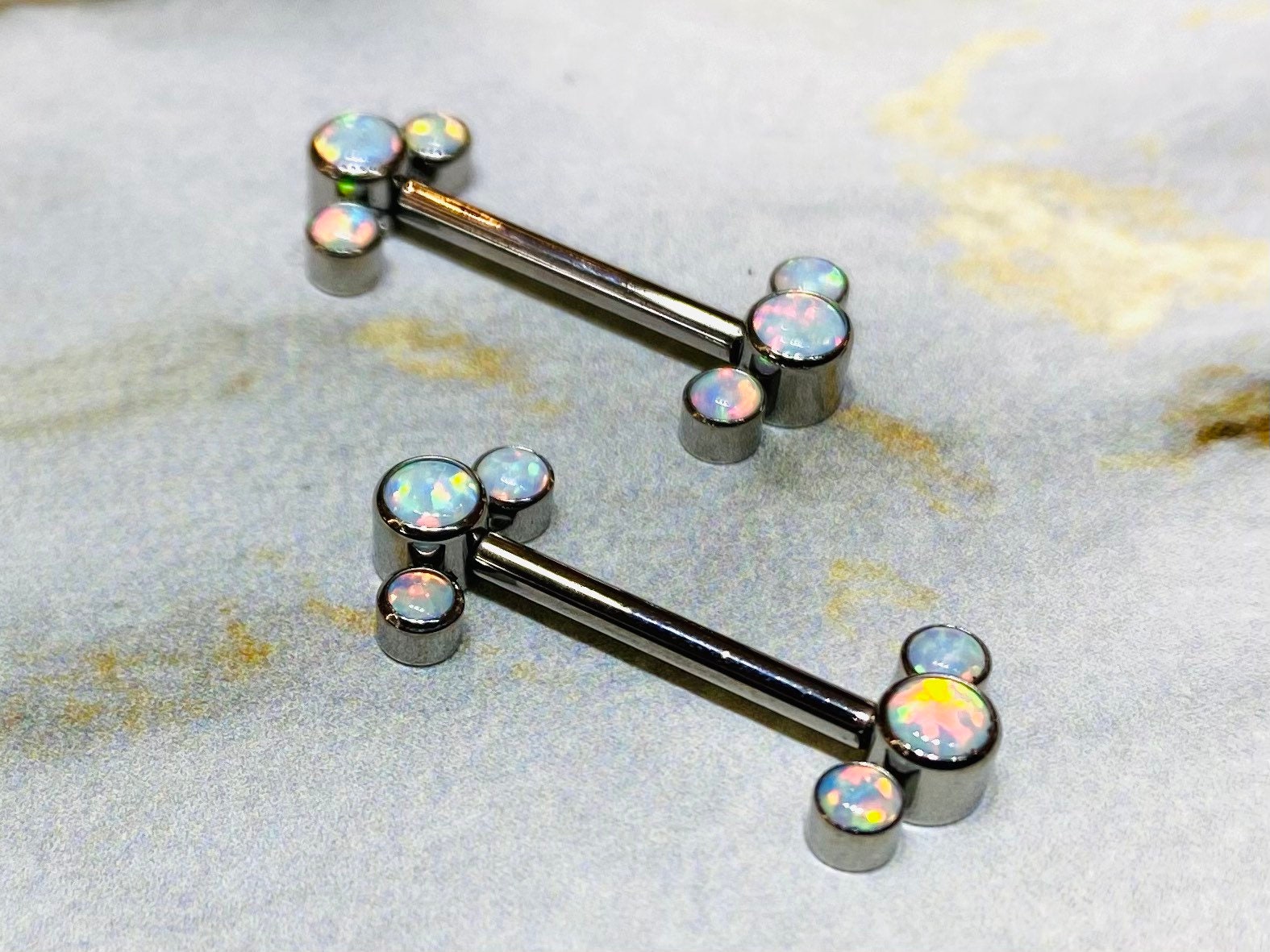 Pair of 14G Implant Grade Titanium Internally Threaded White Opal Nipple Barbells. Nipple Piercing. Nipple Jewelry. Nipple Barbells