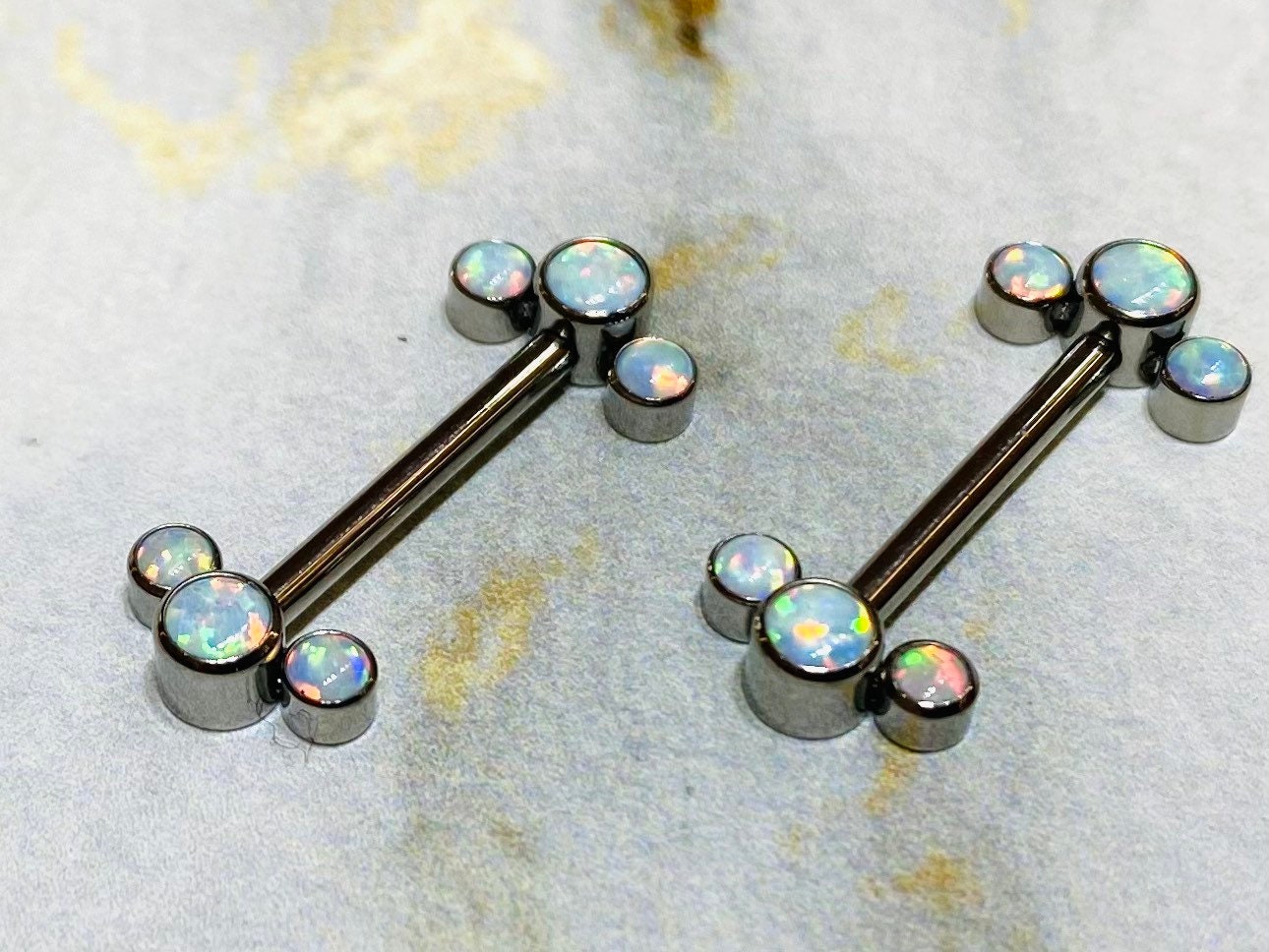 Pair of 14G Implant Grade Titanium Internally Threaded White Opal Nipple Barbells. Nipple Piercing. Nipple Jewelry. Nipple Barbells