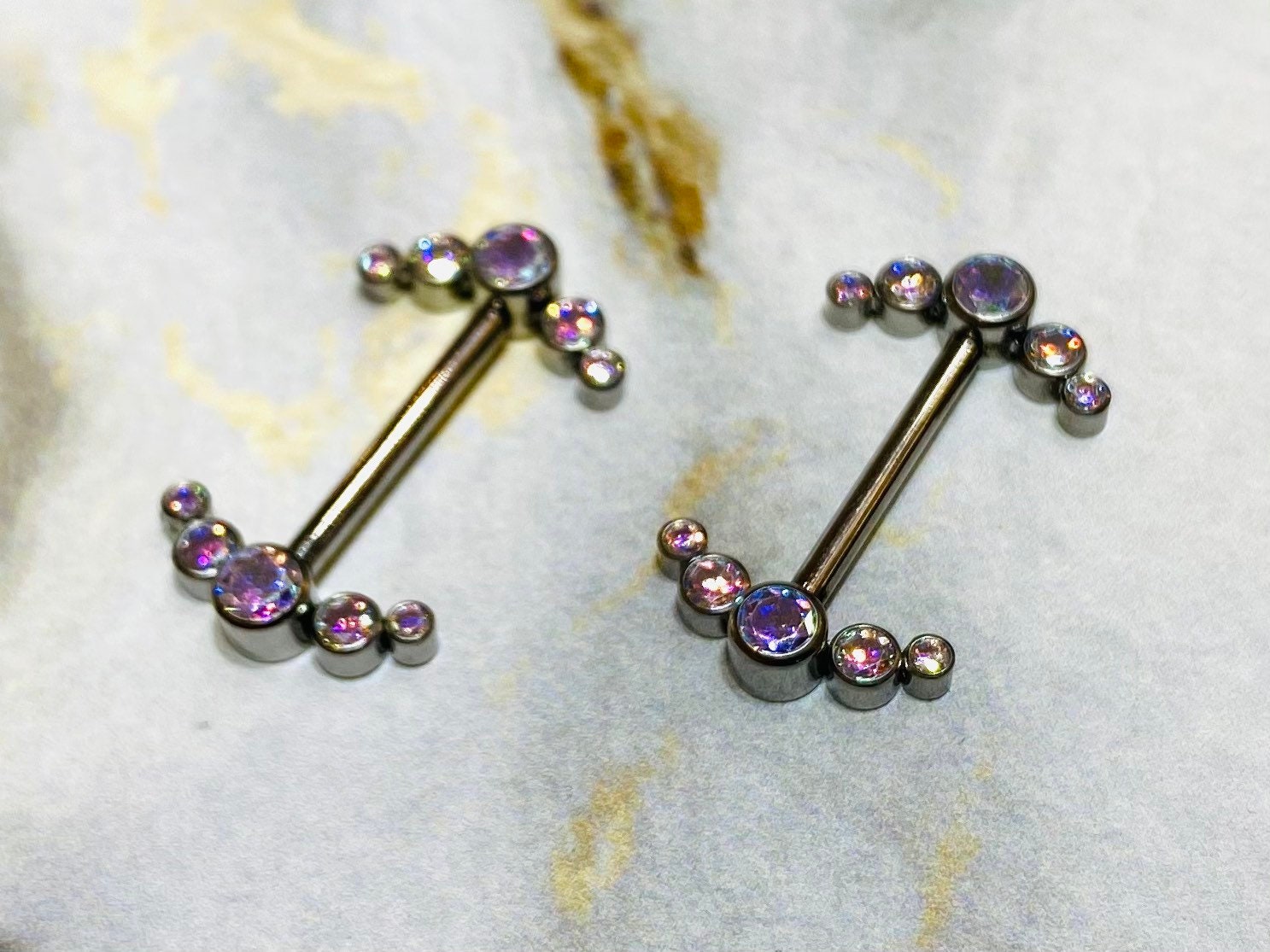 Pair of 14G Implant Grade Titanium Internally Threaded Multicolor Sparkling Stones Nipple Barbells. Nipple Piercing. Nipple Jewelry.