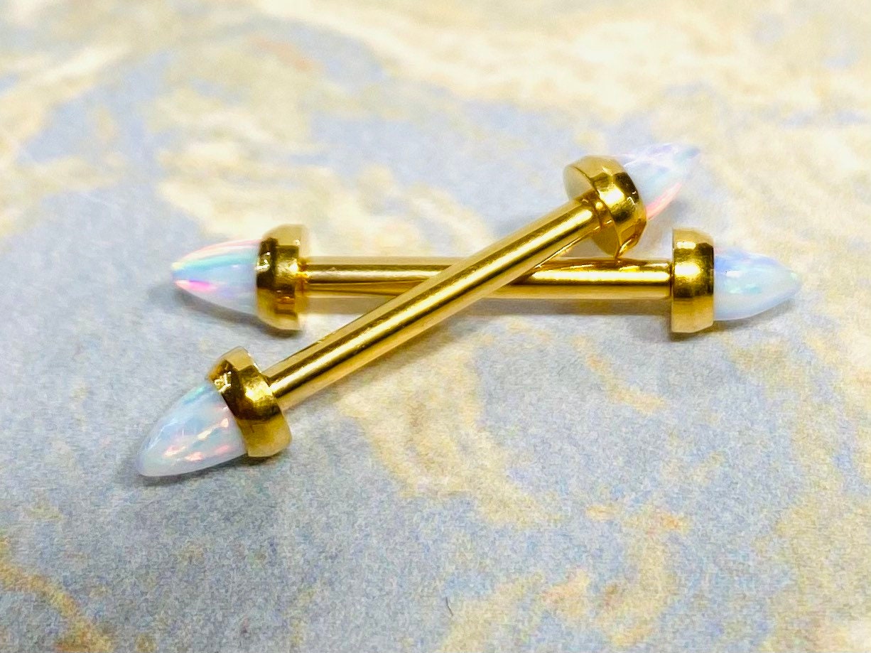 14G Surgical Steel Internally Threaded Gold White Opal Ends Nipple Barbell. Nipple Piercings. Nipple Rings. Nipple Jewelry.