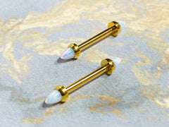 14G Surgical Steel Internally Threaded Gold White Opal Ends Nipple Barbell. Nipple Piercings. Nipple Rings. Nipple Jewelry.