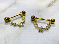 Pair of 14G Gold Sparkling CZs Linked Stars Nipple Barbells. Nipple Piercing. Nipple Jewelry. Nipple Rings.