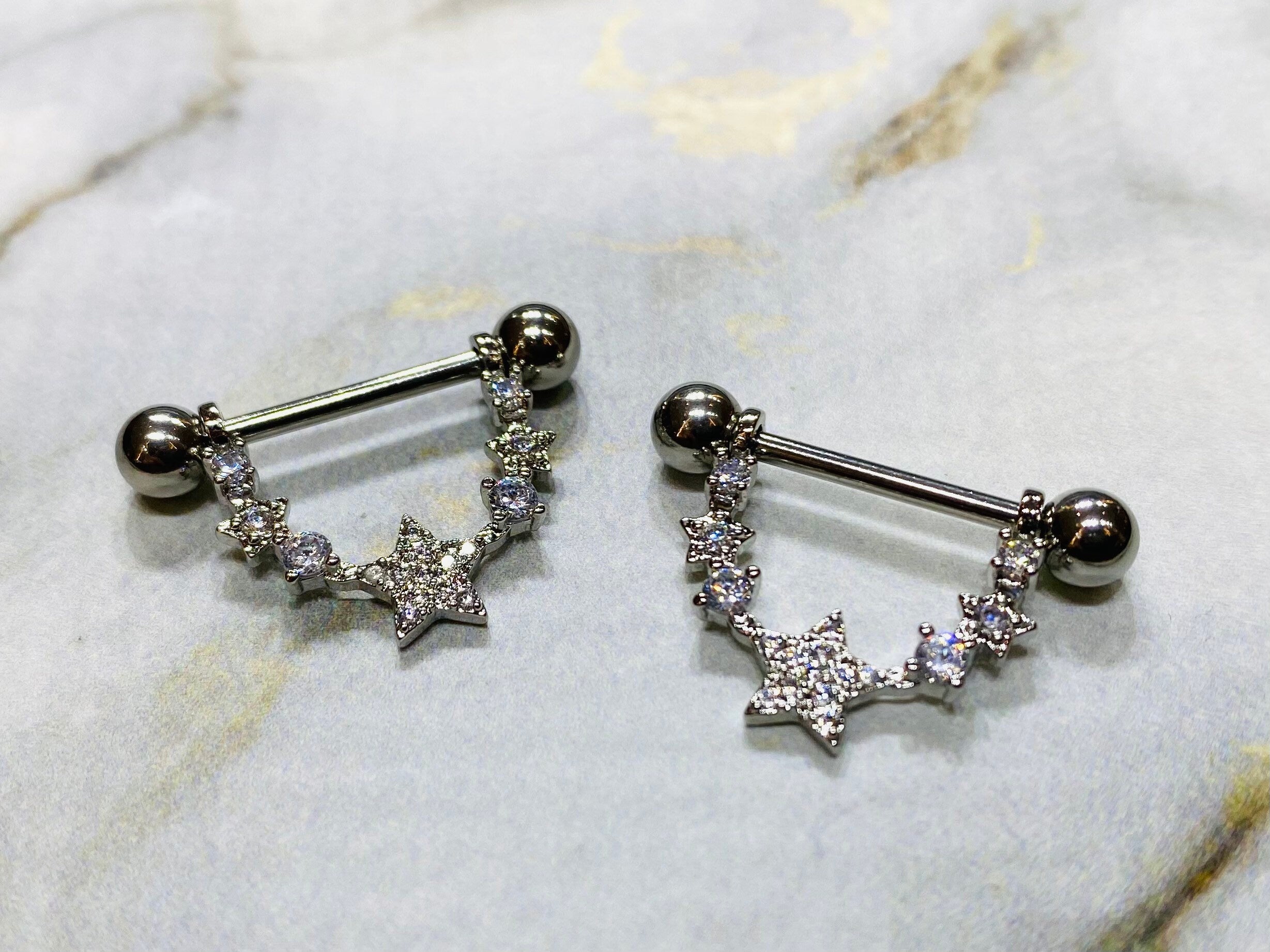 Pair of 14G Silver Sparkling CZs Linked Stars Nipple Barbells. Nipple Piercing. Nipple Jewelry. Nipple Rings.