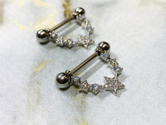 Pair of 14G Silver Sparkling CZs Linked Stars Nipple Barbells. Nipple Piercing. Nipple Jewelry. Nipple Rings.