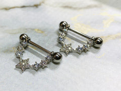 Pair of 14G Silver Sparkling CZs Linked Stars Nipple Barbells. Nipple Piercing. Nipple Jewelry. Nipple Rings.