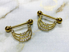 Pair of 14G Gold Triple Lined Dangling Sparkling CZs Nipple Barbells. Nipple Piercing. Nipple Rings. Nipple Jewelry.