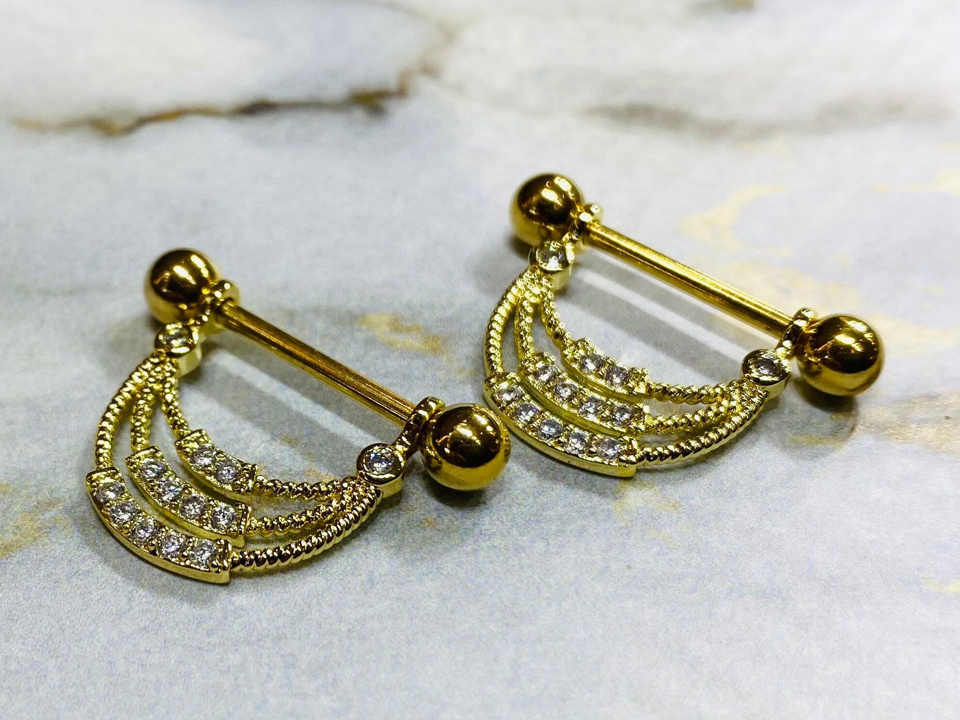 Pair of 14G Gold Triple Lined Dangling Sparkling CZs Nipple Barbells. Nipple Piercing. Nipple Rings. Nipple Jewelry.