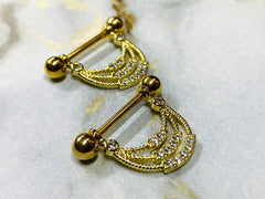 Pair of 14G Gold Triple Lined Dangling Sparkling CZs Nipple Barbells. Nipple Piercing. Nipple Rings. Nipple Jewelry.