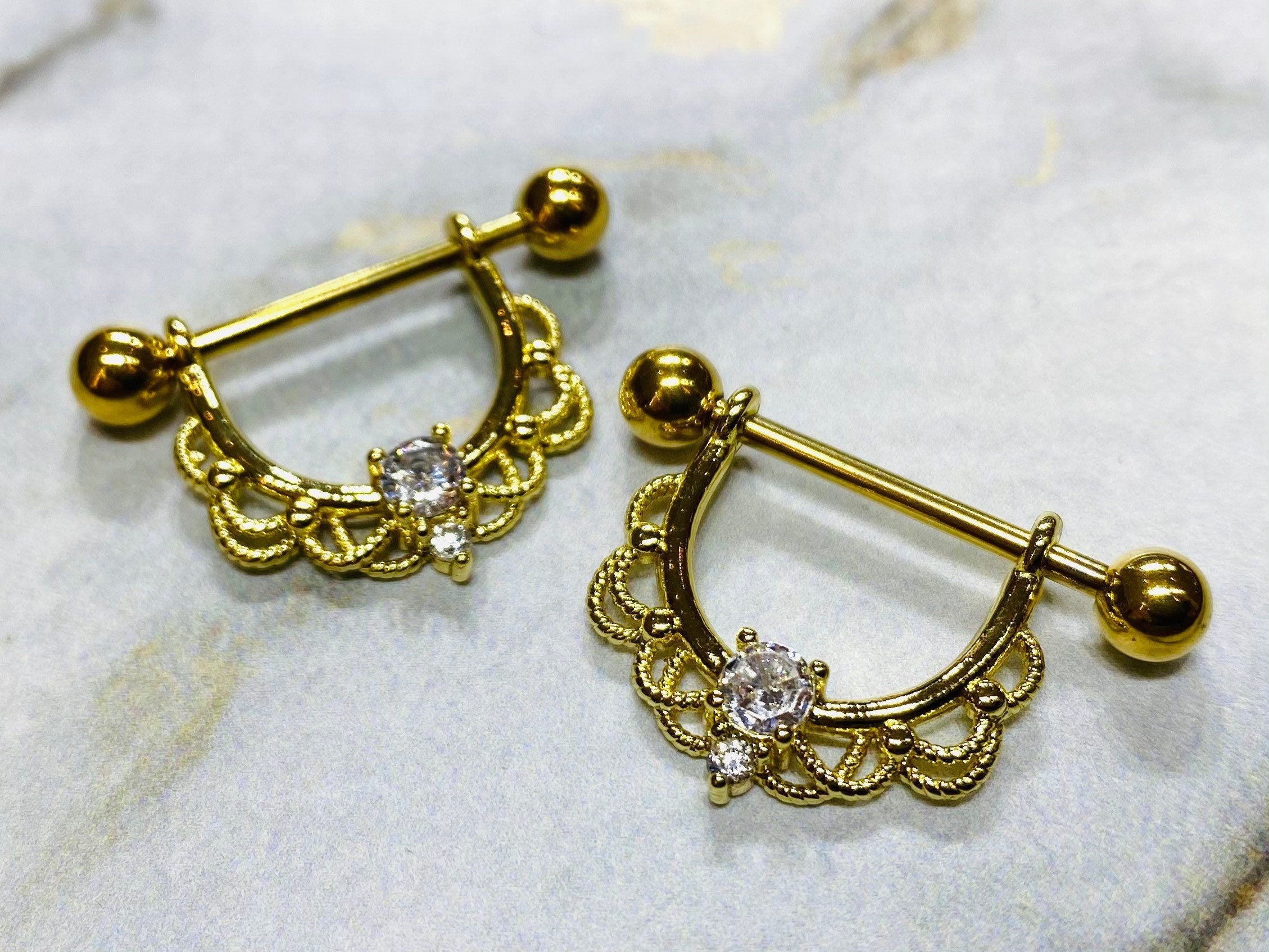 Pair of 14G Gold Round Center Stone Dangling Nipple Barbells. Nipple Piercing. Nipple Rings. Nipple Jewelry