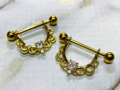 Pair of 14G Gold Round Center Stone Dangling Nipple Barbells. Nipple Piercing. Nipple Rings. Nipple Jewelry