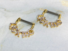 Pair of 14G Gold Sparkling Stones LICK ME Nipple Clickers Barbells. Nipple Rings. Nipple Jewelry. Nipple Piercing.