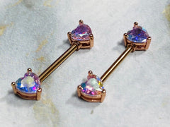 14G Prong Set Rose Gold Heart Shape Multicolor Stones Nipple Barbells. Nipple Piercings. Nipple Rings. Nipple Jewelry