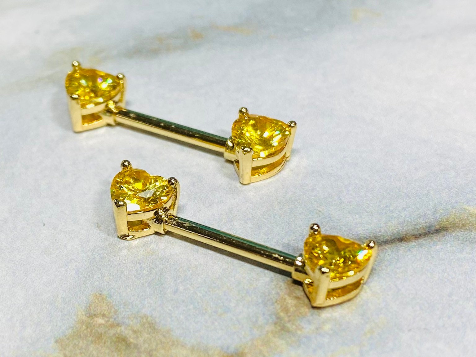 14G Prong Set Gold Heart Shape Yellow Stones Nipple Barbells. Nipple Piercings. Nipple Rings. Nipple Jewelry