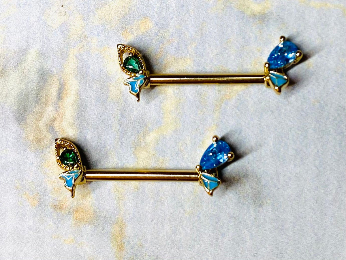 Pair of 14G Gold Butterfly Nipple Barbells. Nipple Piercing. Nipple Rings. Nipple Jewelry.